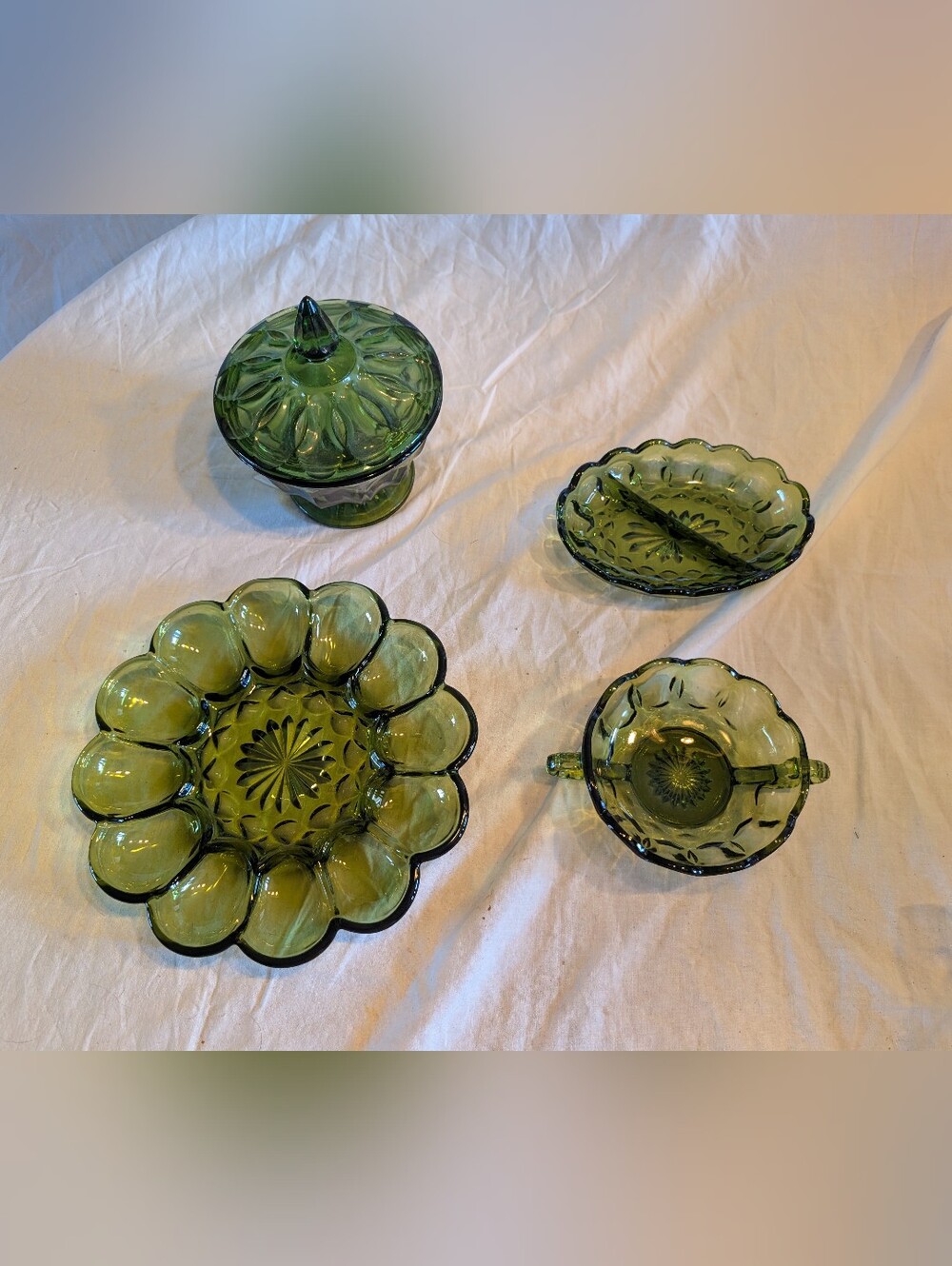 Anchor Hocking Green Glass Candy Dish and Serving Bowls Set ( devil egg plate)